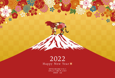 日本图案花和剪影老虎和红富士优雅和豪华2022年新年卡片模板矢量插图(垂直)