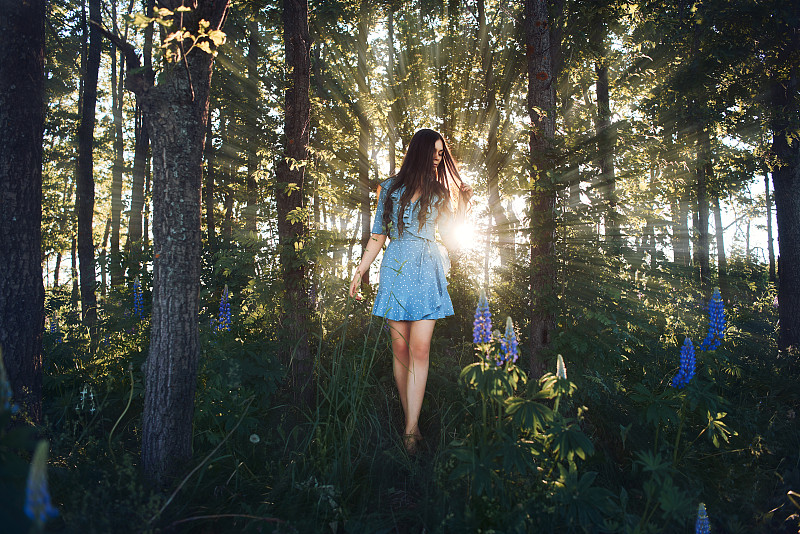一个神话般的年轻女子在落日的余晖中走在森林里。