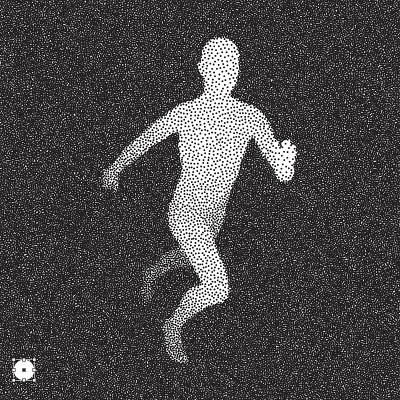 跑步的人。3D模型的人。黑白颗粒图案。点彩的效果。矢量插图。