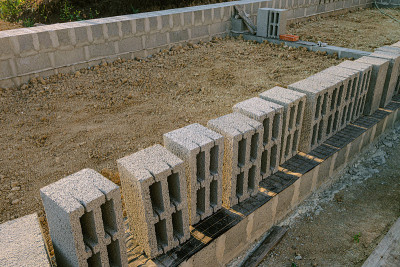 用于建造石墙建筑的空心重混凝土砌块。用重混凝土块砌成的砖石墙。