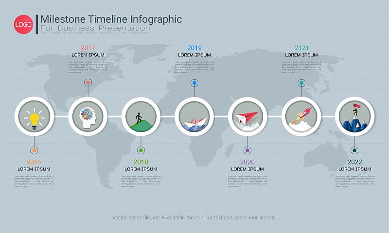 里程碑时间轴信息图设计，路线图或战略计划，以定义公司的价值，可以使用里程碑在项目管理中的时间表，以标