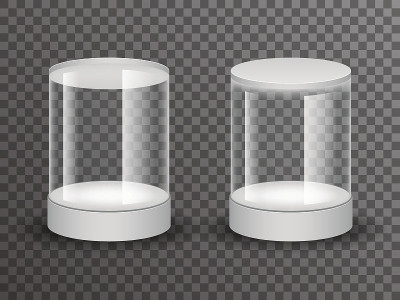 圆形玻璃橱窗盒孤立的3d逼真的商店模型透明的背景设计矢量插图