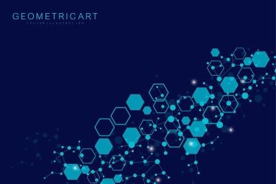 科学网络格局，连接线与点。技术六边形结构或分子连接元件。