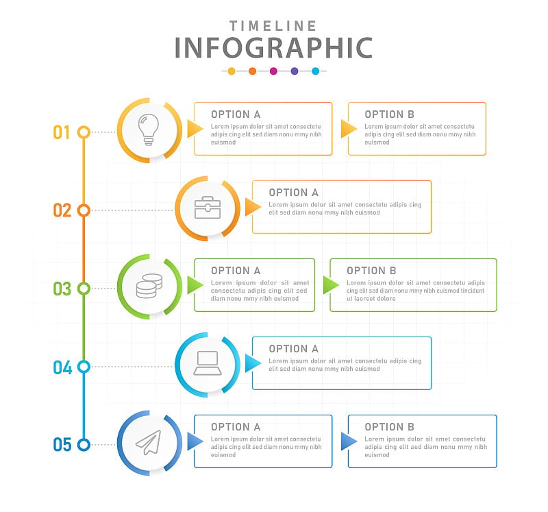 信息图向量模板，5步骤现代时间轴图与过程规划师。