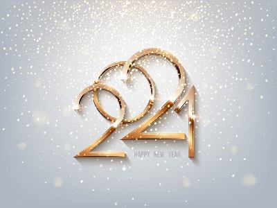 Glowing shiny golden 2021 year numbers on light sp