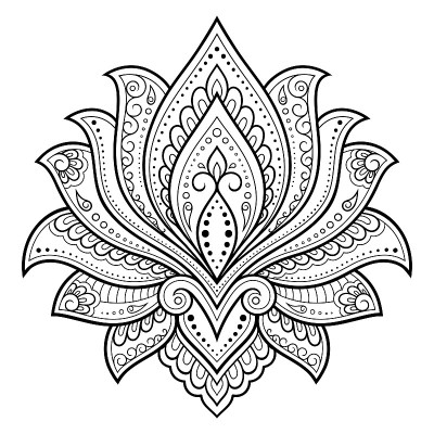 莲花曼海蒂花图案为指甲花绘图和纹身。装饰有东方、印度风格。涂鸦装饰。轮廓手绘矢量插图。
