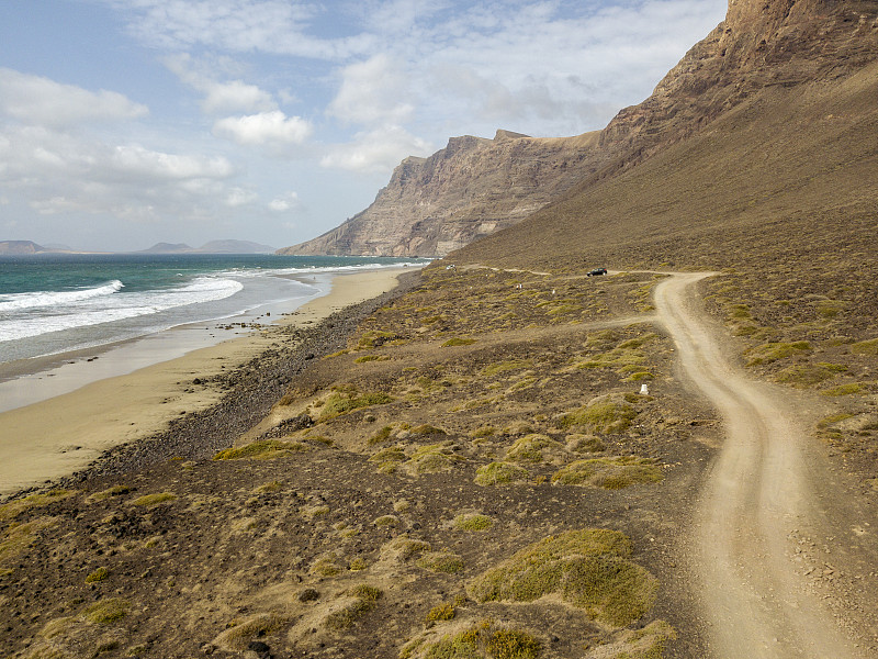 法玛拉海滩鸟瞰图，兰萨罗特，加那利群岛，西班牙。Risco di Famara，浮雕，俯瞰大西洋的山