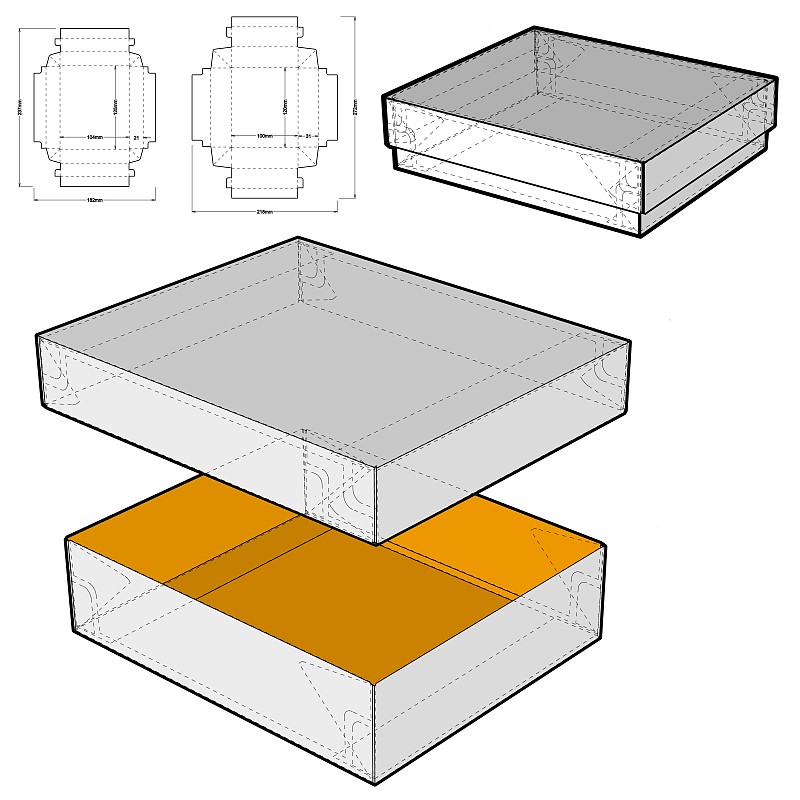 巧克力盒(内部尺寸12x10x3cm)和模切图案。组装方便，不需要胶水。.eps文件是完整的，功能齐