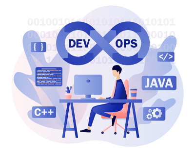 DevOps的过程。小型程序员实践开发和软件操作。软件工程文化。现代扁平卡通风格。矢量插图上的白色背