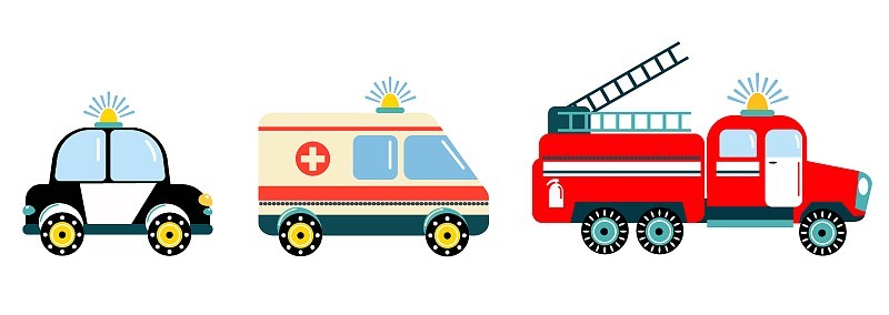 救援车辆。救护车，消防车，警察。