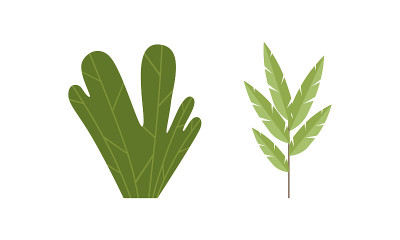 简单的绿色植物和植物学作为景观和环境元素向量集