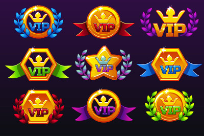 彩色模板VIP图标的奖项，为手机游戏创建图标。矢量概念赌博资产，设置不同形式的手机应用图标和桂冠花环
