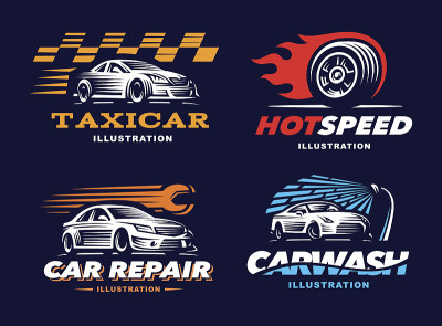 收藏插画车、出租车服务、洗车、修车