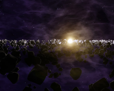 太空星云中的许多小行星或陨石。深空图像，科幻幻想墙纸和打印或相册艺术。所有的艺术元素都是我创造的。三
