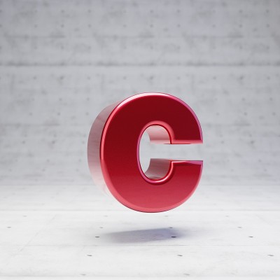 红色小写字母c，金属红色，孤立在混凝土背景上。