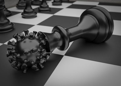 真空对冠状病毒。国际象棋的概念。3 d渲染。三维演示