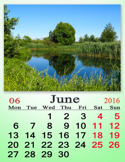 2016年6月的日历，上面有湖的图片