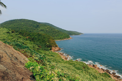 越南岘港海凡山口顺化的琅哥海滩全景。火车在海边的铁路上行驶，绿色的森林，美丽的自然景观，海浪