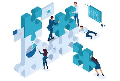 Isometric young entrepreneurs team working on the 