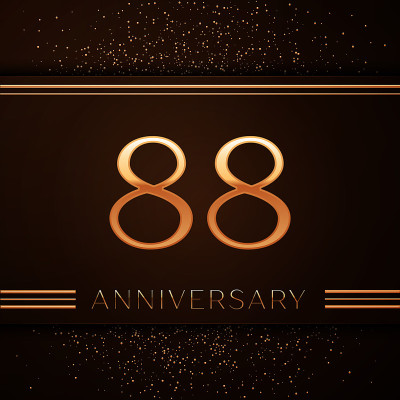 现实88周年庆祝标志。金色的数字和金色的五彩纸屑在棕色的背景上。彩色矢量模板元素为您的生日派对