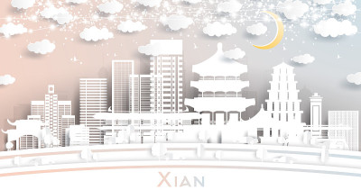 西安中国城市天际线剪纸风格与白色建筑，月亮和霓虹灯花环。