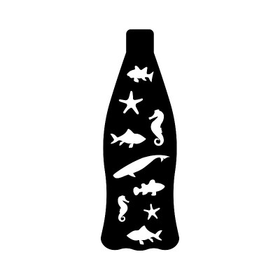 矢量插图与孤立的白色图标海洋生物在世界海洋框黑色瓶子剪影。塑料污染