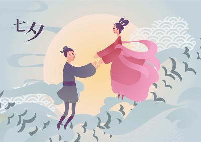 矢量插图卡为中国七夕节。一对可爱的卡通人物牛郎和织女站在喜鹊桥上。字幕翻译:七夕，可以读作七夕