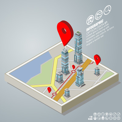房地产和房地产业务等距建筑图。平面设计商业概念插图。