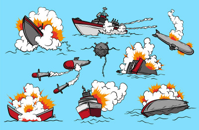 漫画中的战舰。收集发射导弹或爆炸的船只。军事行动。流行艺术概念图标的漫画书页面或应用程序装饰