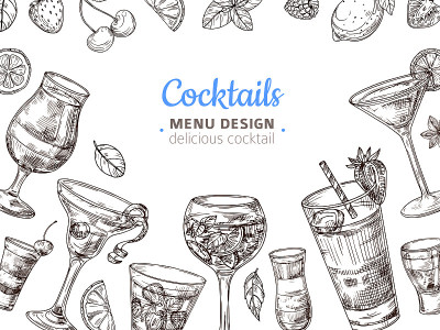 手绘鸡尾酒背景。雕刻鸡尾酒酒精饮料复古矢量插图