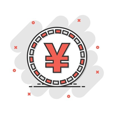 矢量卡通日元、人民币币、卡通货币图标。日元硬币概念插图象形文字。亚洲货币企业飞溅效应概念。