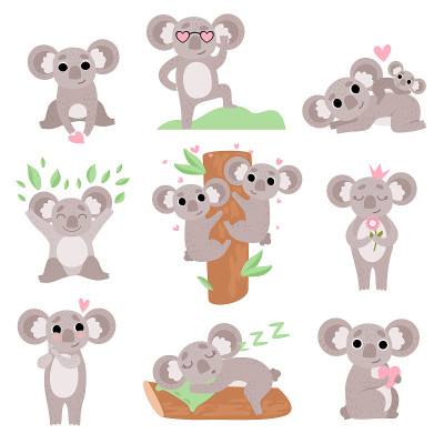 Cute Coala Bears Set, Funny Animal Cartoon Charact