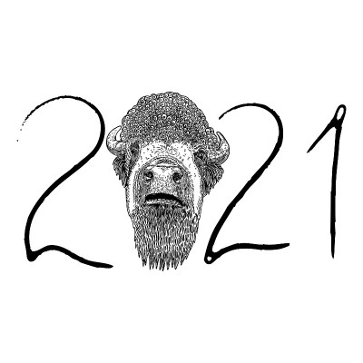 牛年，中国新年2021年。手写数字符号的公牛。卡片上有农历新年符号和星座符号。手绘向量。