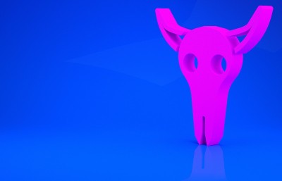 粉色水牛头骨图标孤立在蓝色背景。极简主义的概念。3d渲染图