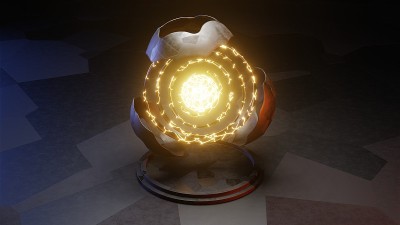 3 d渲染。中心有发光能量的科幻物体。具有混沌结构的旋转金属球
