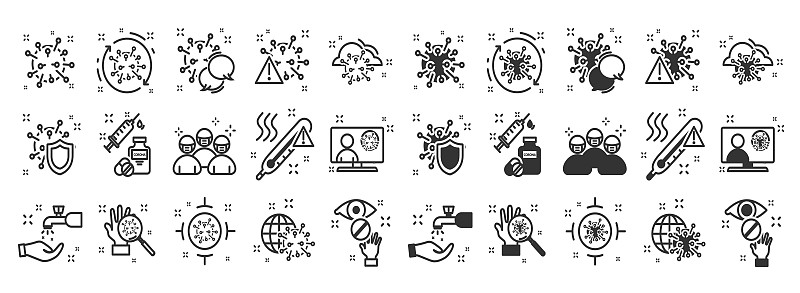 医疗保健和医药产品线图标集。医学符号。冠状病毒预防。冠状病毒图标设置为信息图表或网站。新的流行(20