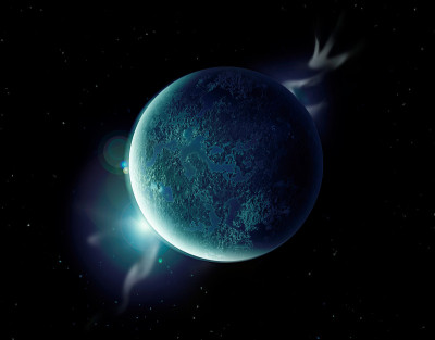 宇宙中有光环和星星的绿色星球