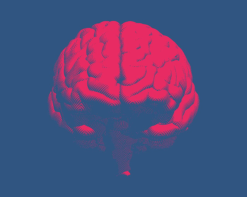 Red retro brain illustration isolated on blue BG