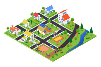 建筑中的住宅综合体-矢量彩色等距图