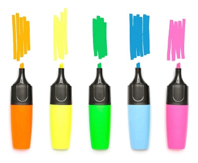Opened colorful highlighters with hand drawn marke