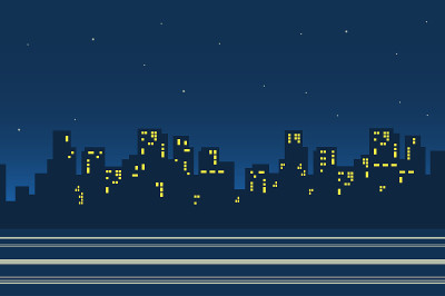 摩天大楼的剪影在夜间城市景观背景在平坦的风格。城市景观街道与房屋与发光的窗户，大都市全景。自然风景。