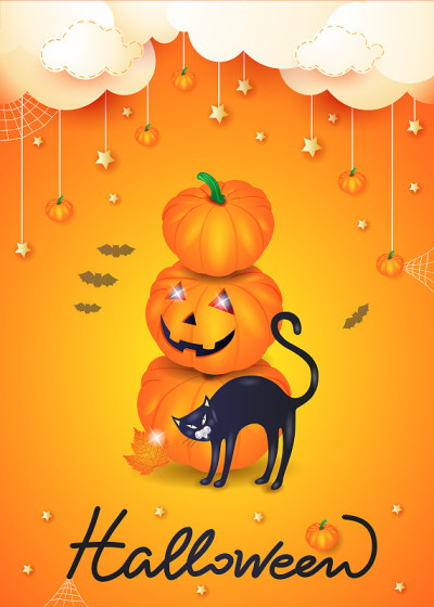 万圣节的背景有黑猫，南瓜和挂元素