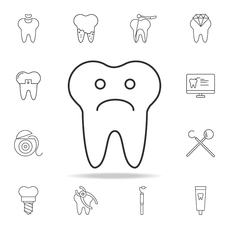 牙齿悲哀的脸标志图标。详细的一套牙科轮廓线图标。优质的图形设计图标。收藏图标之一的网站，网页设计，移