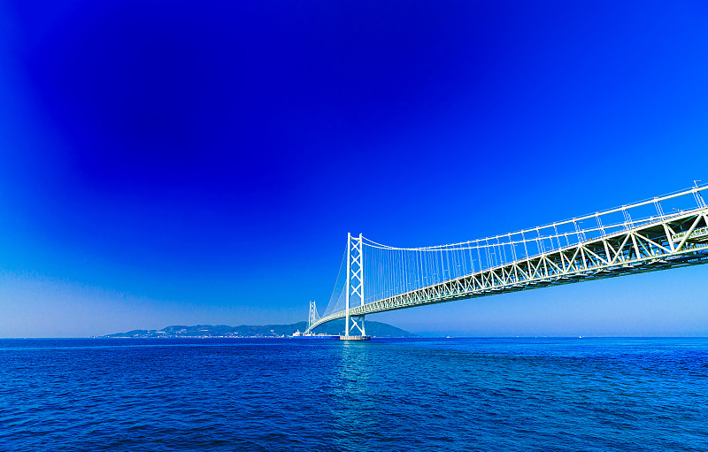 夏日清晨蓝天背景下的明石海峡大桥景观