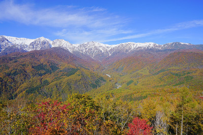 日本长野县白波山的雪和秋叶