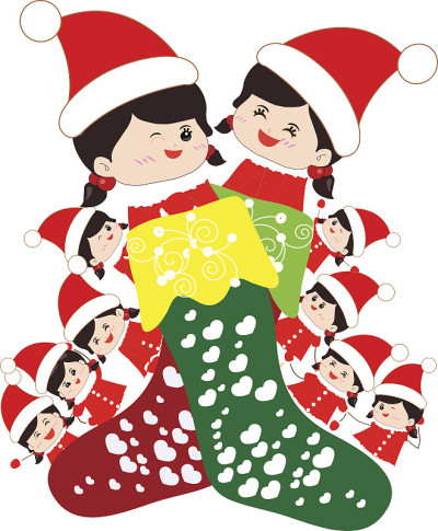 孩子们挤在圣诞长袜里