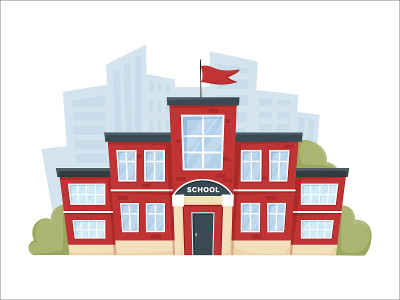 红色的现代学校建筑，树木、灌木丛和城市剪影。
