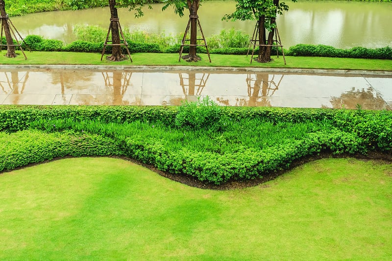 绿油油的草坪，雨后清新的自然风光，雨后绿油油的草坪，花园前面的草坪，正式的庭院设计精美。