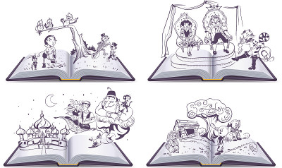打开书插图故事皮诺曹，奇波里诺，阿拉丁