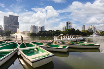 泰国曼谷，市中心公园内的自然湖，以商业大厦为背景